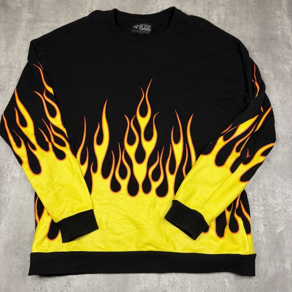 RUDE Flame Graphic Crewneck Sweatshirt Black Yellow Men's Large Streetwear